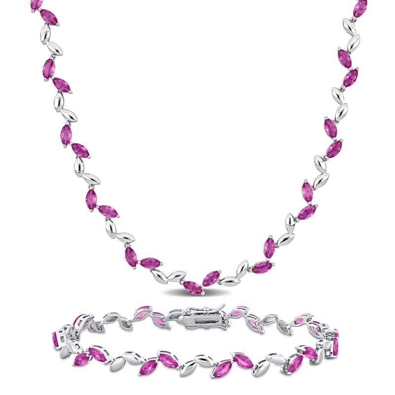 Miadora 29 7/8ct TGW Created Pink Sapphire Leaf Neckace and Bracelet Sterling Silver-17 + 7.75 in