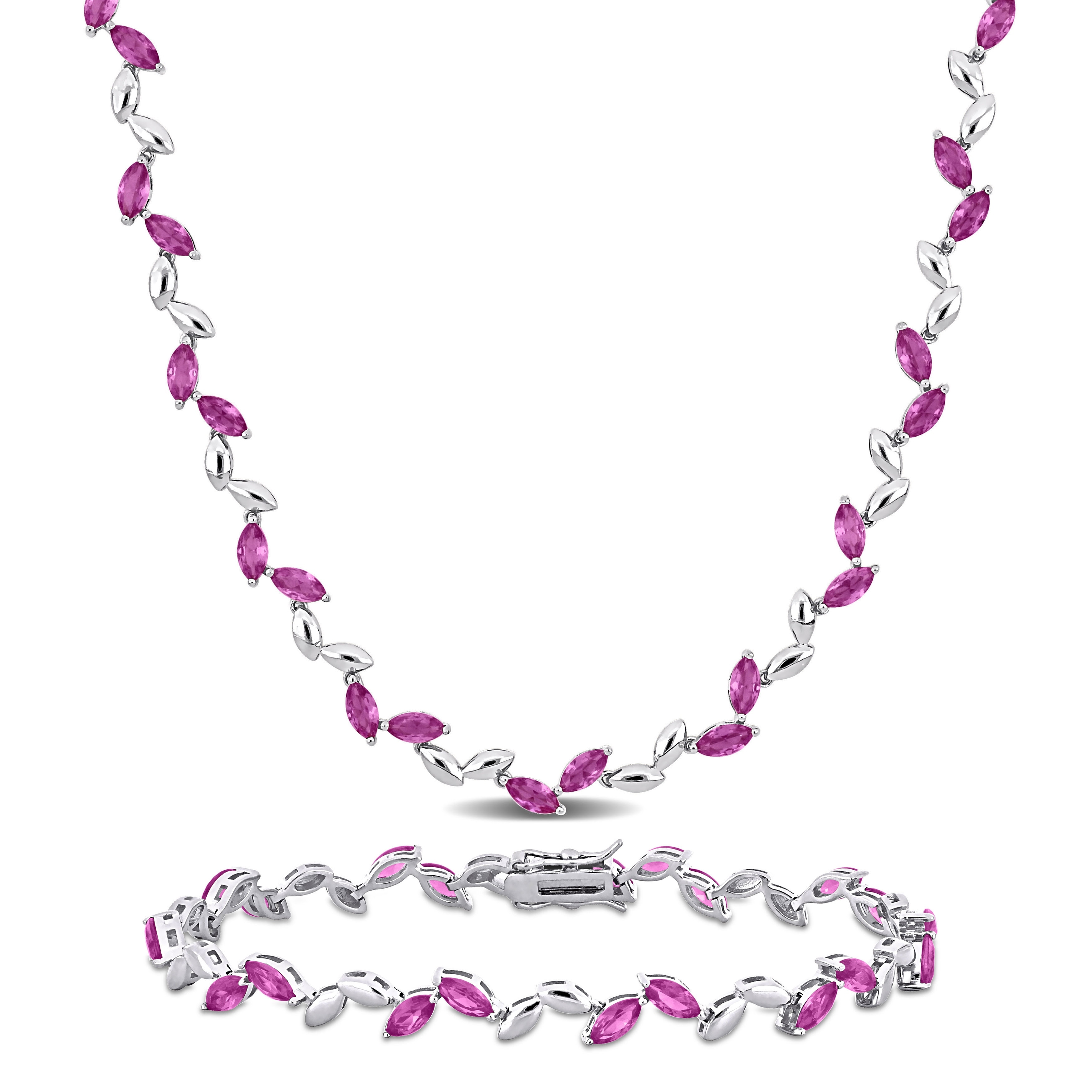 Miadora 29 7/8ct TGW Created Pink Sapphire Leaf Neckace and Bracelet Sterling Silver-17 + 7.75 in