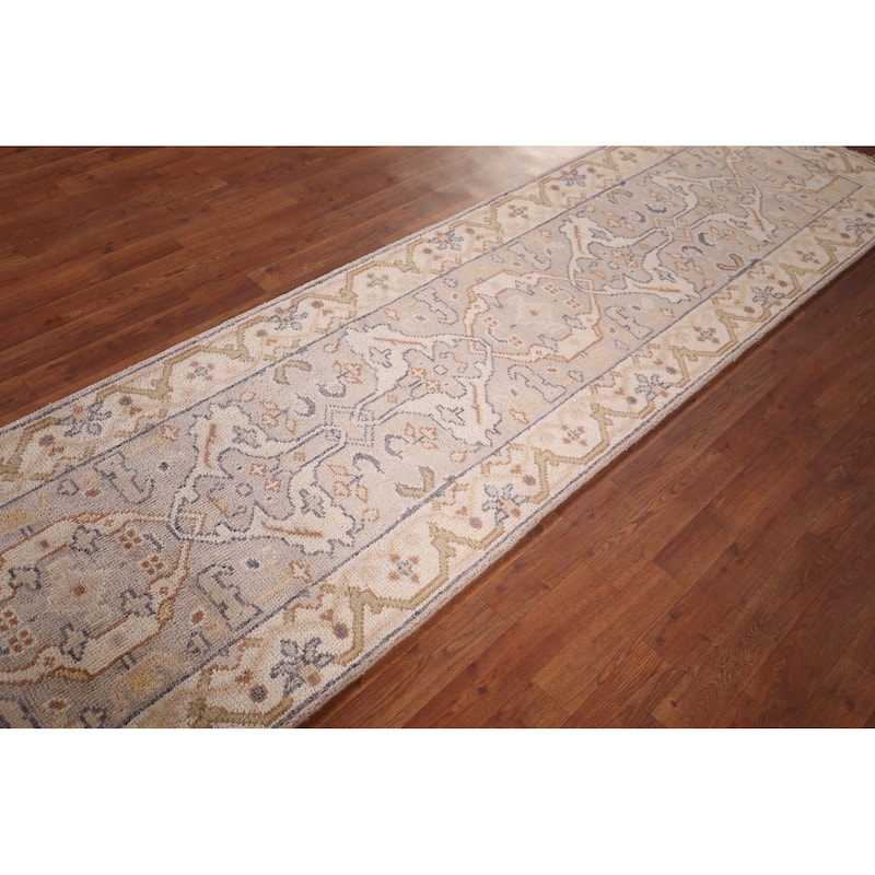 Ivory & Beige Oushak Indian Runner Rug Hand-Knotted Wool Carpet - 2'8"x 9'10"