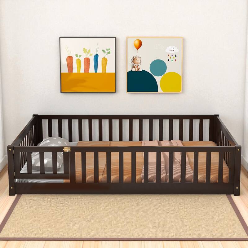 Full Size Rubber Wood Floor Bed with Fence, Door and Safety Guardrails for Kids