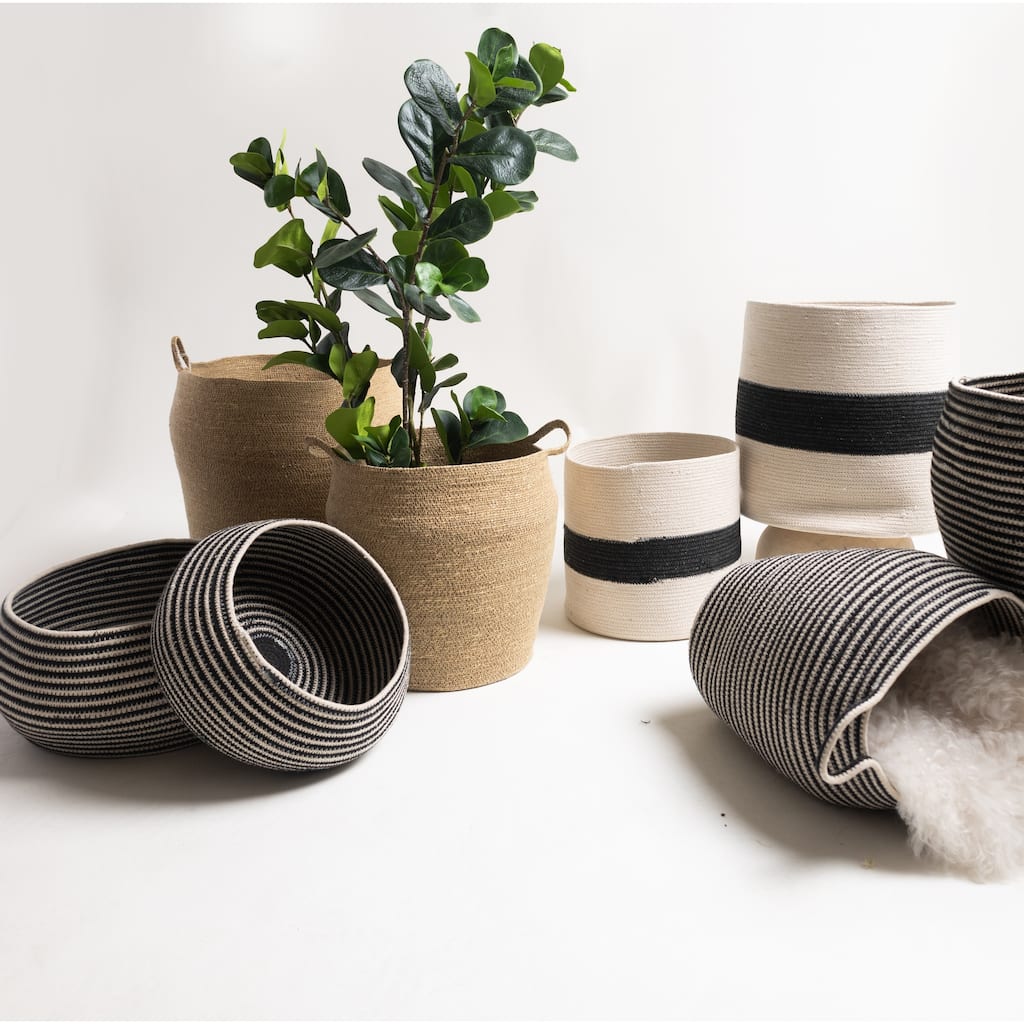 Set of 2 Cotton Weave Storage Baskets w/ Black Stripe -A