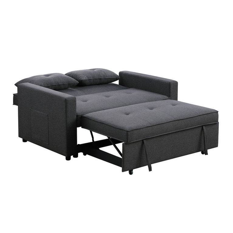 56" Dark Gray Linen Convertible Sleeper Loveseat With Side Pocket