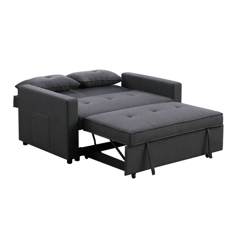 Linen Fabric Convertible Sleeper Loveseat, 2 Seat Loveseat Sofa with Side Pocket, Sofa Bed with Reclining Backrest