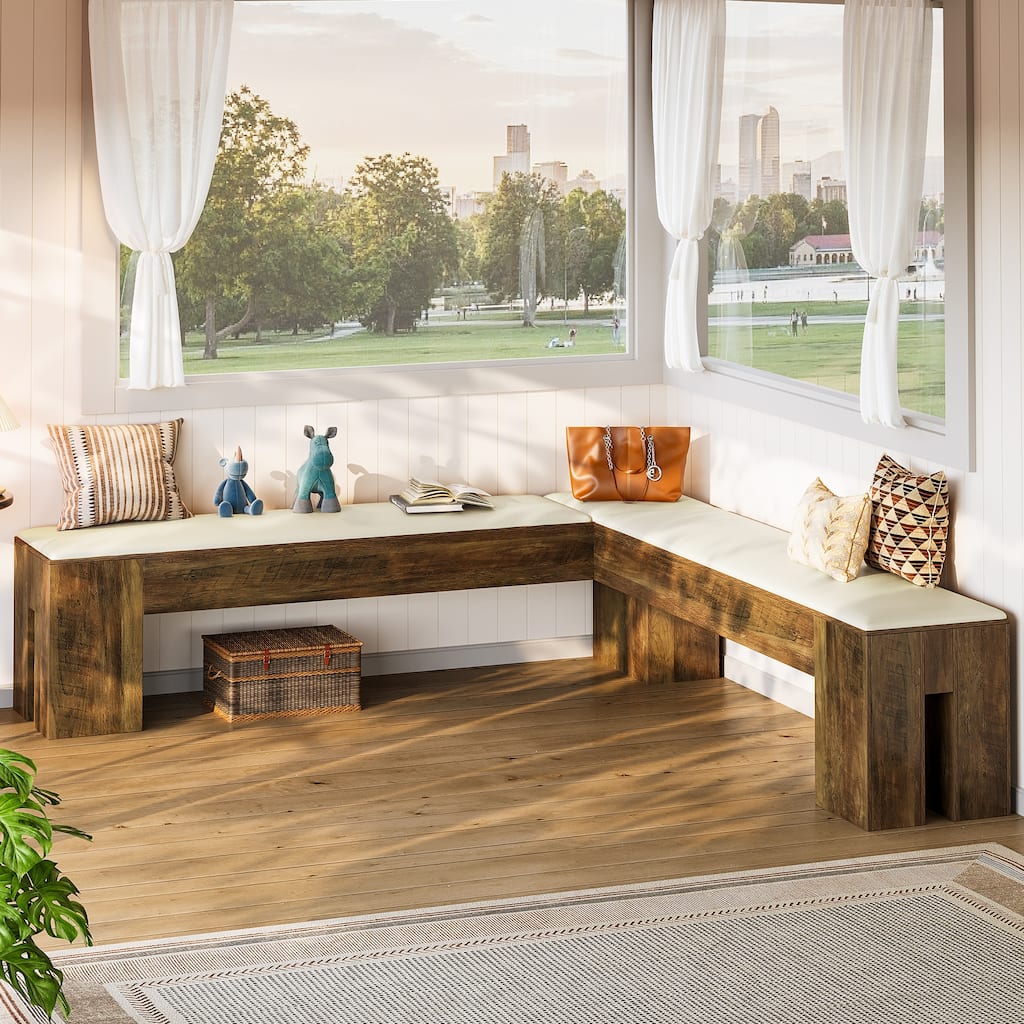 61 Inch L-Shaped Bench with Cushion, Corner Kitchen Breakfast Nook Bench for Entryway / Bedroom / Living Room / Dining Room