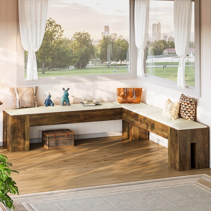 61 Inch L-Shaped Bench with Cushion, Corner Kitchen Breakfast Nook Bench for Entryway / Bedroom / Living Room / Dining Room - White & Brown