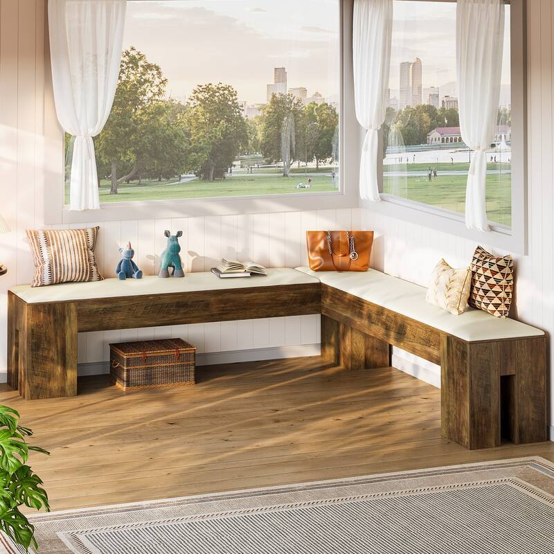 61 Inch L-Shaped Bench with Padded Seat Cushion - 13.78"D x 61.02"W x 17.71"H