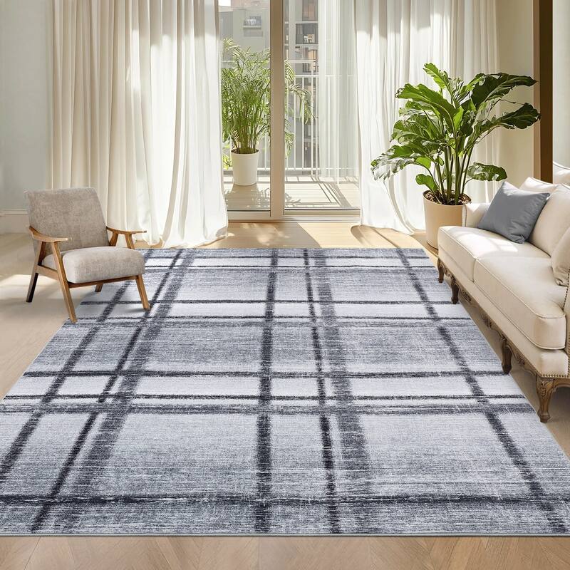 Washable Area Rug, Modern Geometric Area Rugs for Living Room Bedroom, Non-Slip Low Pile Indoor Soft Carpet - 8'x10' - Light Gray