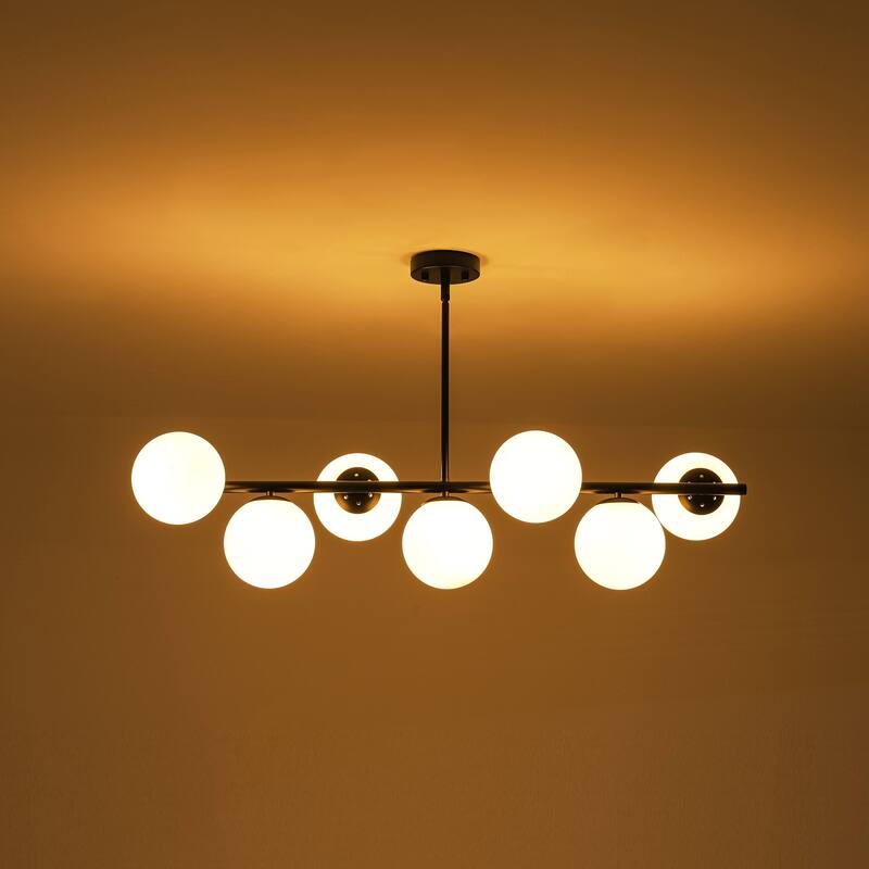7-Light Mid-Century Modern Gold/Black Sputnik Metal Island Lights with Opal Glass Globe Shades for Kitchen, Dining Room