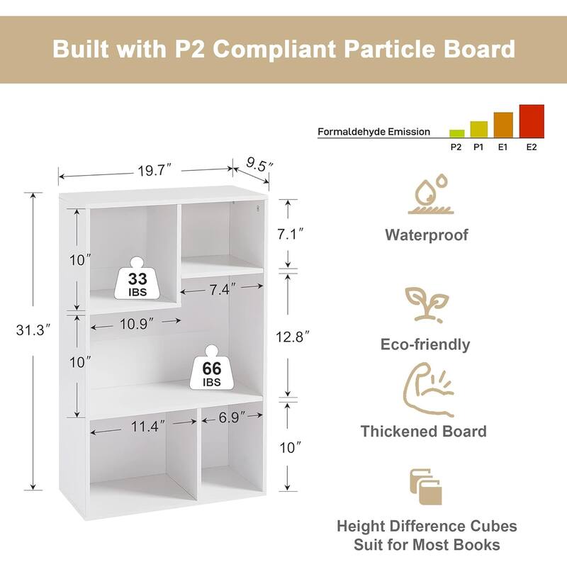 VECELO Widened Version, 3-Tier Five Open Cube Wooden Bookcase Organizer, Bookshelf, Book Storage