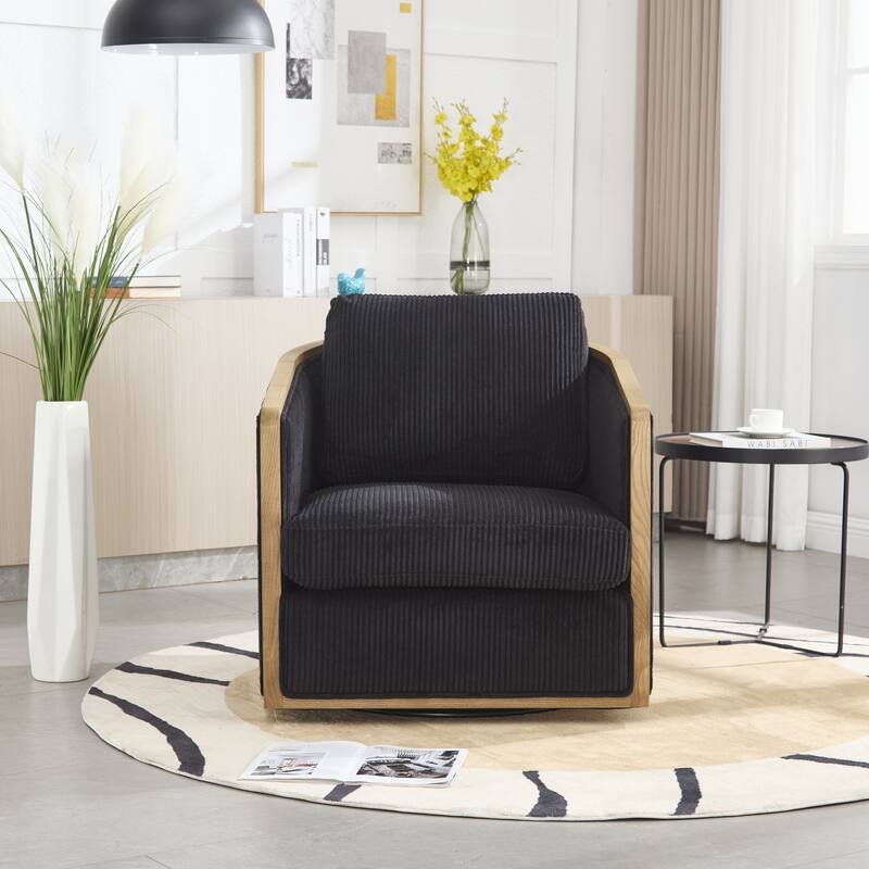 Corduroy Barrel Chair, Comfortable Living Room Accent Sofa Chair, 360 Degree Swivel Side Club Chair Leisure Arm Chair - Black