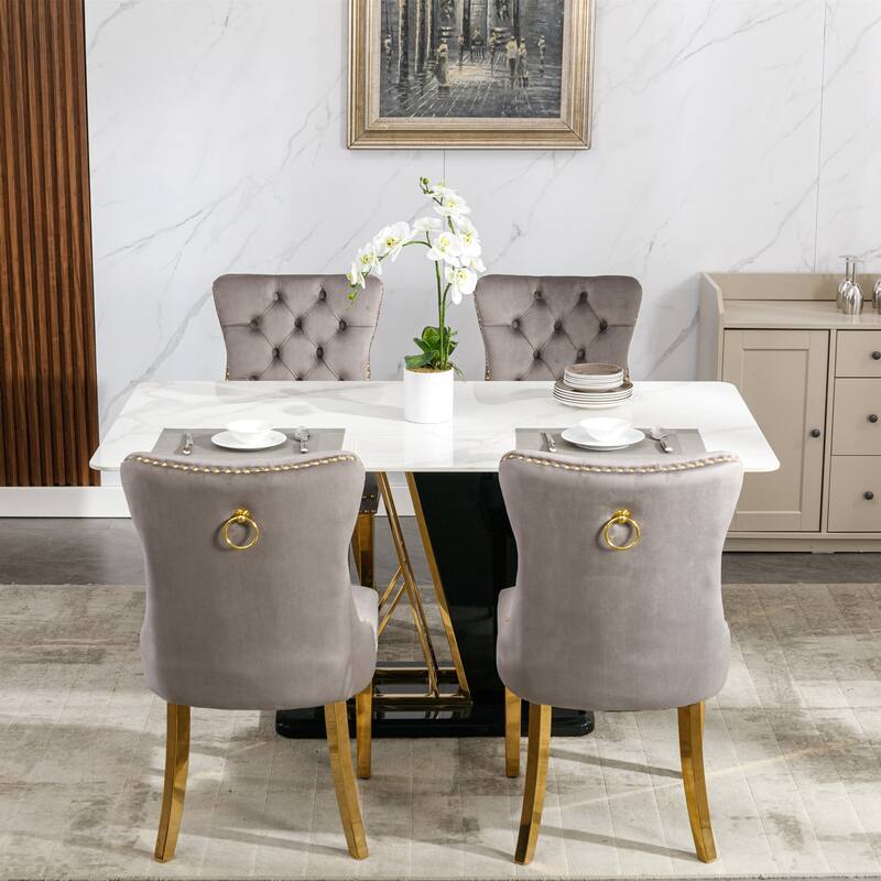 Set of 2 Velvet Dining Chairs with Nailhead Trim and Gold-Plated Legs
