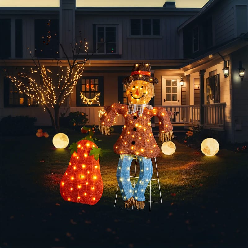 Glitzhome 4ft Set of 2 Lighted Fall Scarecrow & Pumpkin Outdoor Decor