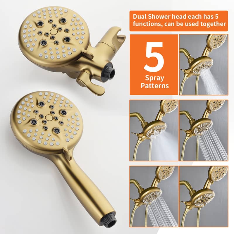 Wall Mount Shower Faucet with Handheld Shower Brass 5-Setting Spray Dual Head Shower System with Rough-in Valve