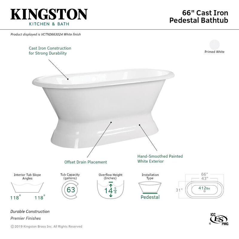 Kingston Brass Aqua Eden 66" Cast Iron Free Standing Tub