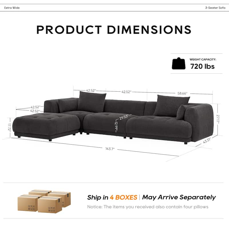 Cloud Modular Sofa Sectional 144" with Ottoman - Plush Chenille Fabric Living Room Couch