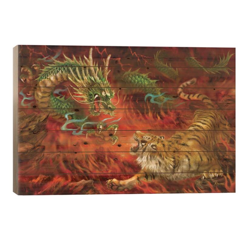 Dragon Vs Tiger On Fire Print On Wood by Kayomi Harai - Multi-Color - 26x40x1.5