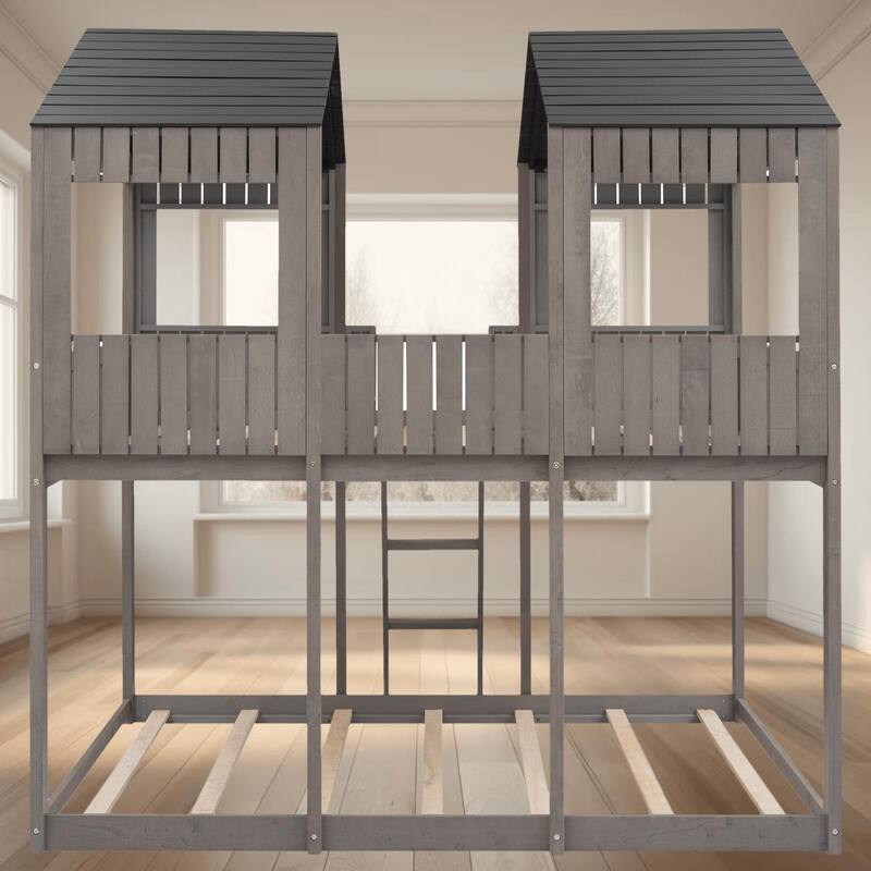 Full Over Full Size Wooden Bunk Platform Bed with Roof and Window, Fun Playhouse-Inspired Design, Kids Bedroom Furniture - Antique Gray - Full