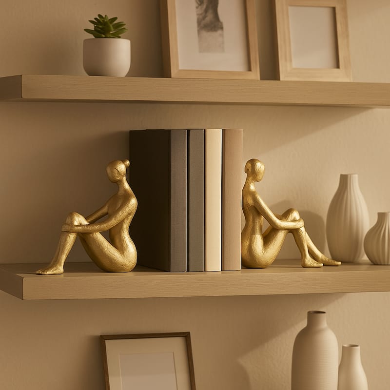 Modern Graceful Seated Lady Figurine Bookends - Set of 2, 8", Gold - 8.0"