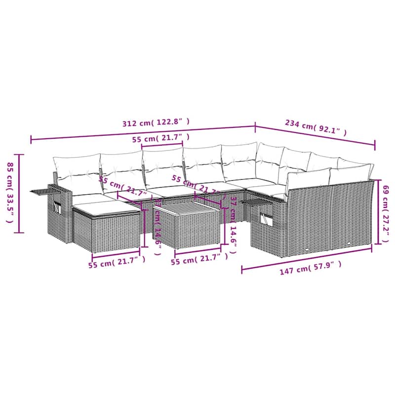 vidaXL 11 Piece Patio Sofa Set with Cushions Black Poly Rattan - 24.4 x 24.4 x 27.2