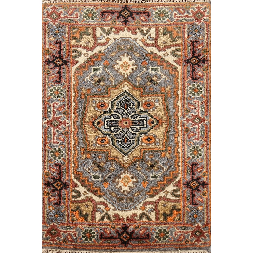 Gray Geometric Heriz-Serapi Indian Accent Rug Handmade Wool Carpet - 2'0"x 3'0"