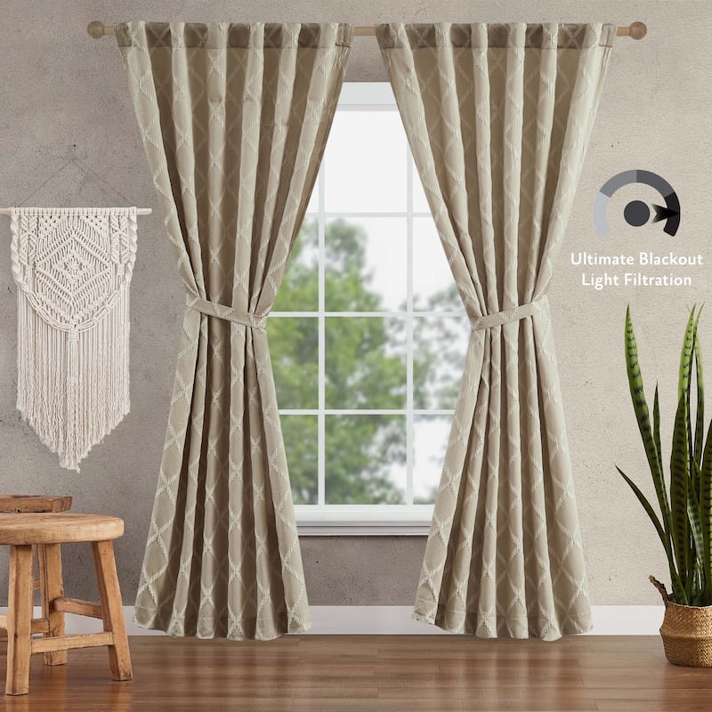 Jessica Simpson Lynee Textured Diamond Patterned Blackout Back-Tab Window Curtain Panel Pair with Tiebacks