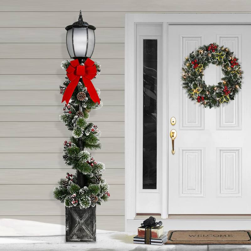Puleo International 7' Pre-Lit Lamp Post Christmas Holiday Decor with 100 Warm White Twinkling LED Lights in Decorated Pot