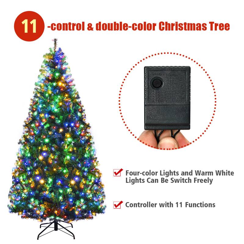 Gymax 7FT Pre-Lit Christmas Tree Hinged Artificial Tree w/ Colorful - 7 ft