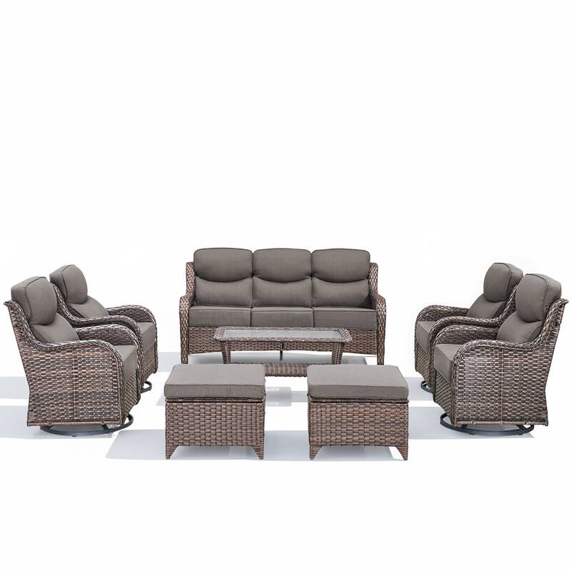 Arcadia 8-Piece Wicker Patio Conversation Set with Swivel Gliders and 6-Inch Thick Olefin Cushions