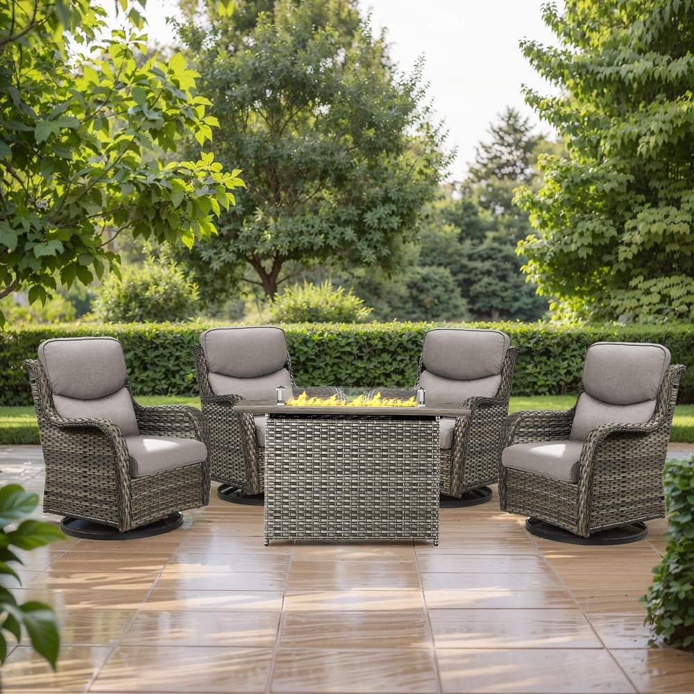 5 Pieces Outdoor Swivel Chairs Fire Pit Table with 5-Inch Thick Cushions