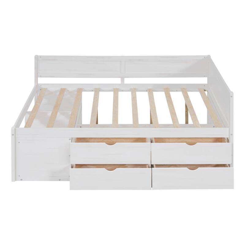 Pine Wood Daybed Frame with 4 Storage Drawers & Shelves