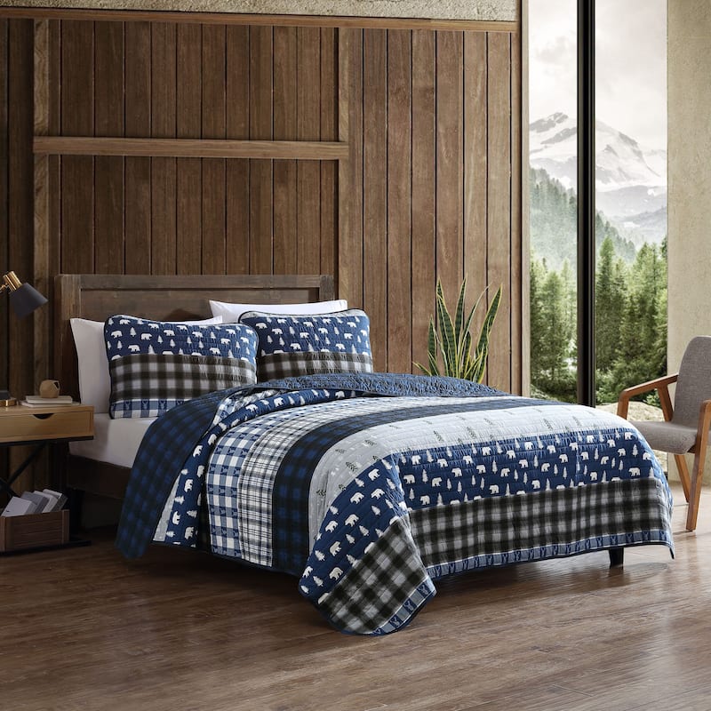 Eddie Bauer Blue Creek Plaid Cotton Reversible Quilt Set