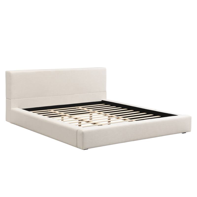 Modern Wooden Upholstered Linen Platform Bed with Thick Padded Headboard, No Box Spring Needed