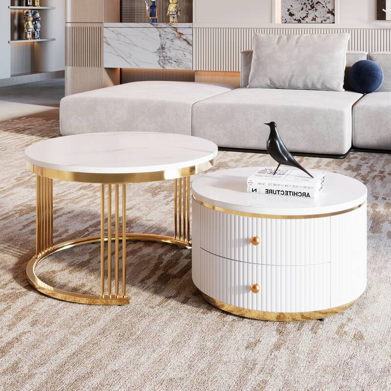 Roomfitters Modern 2-Piece White Round Nesting Coffee Table Set with Gold Base and Storage Drawers 27.6"