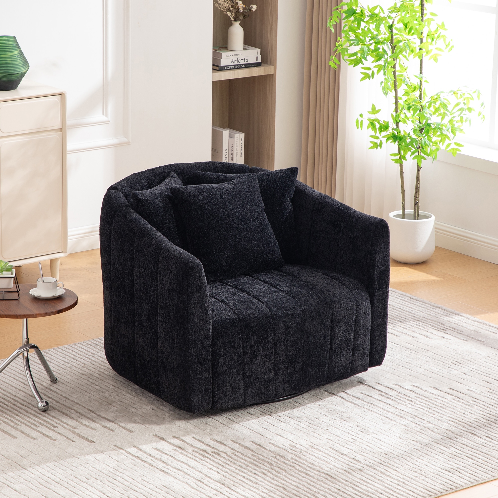 Rustic Upholstered Barrel Chair Accent Chair with 3 Pillows, Club Chair Black Side Chair Leisure Chair Armchair