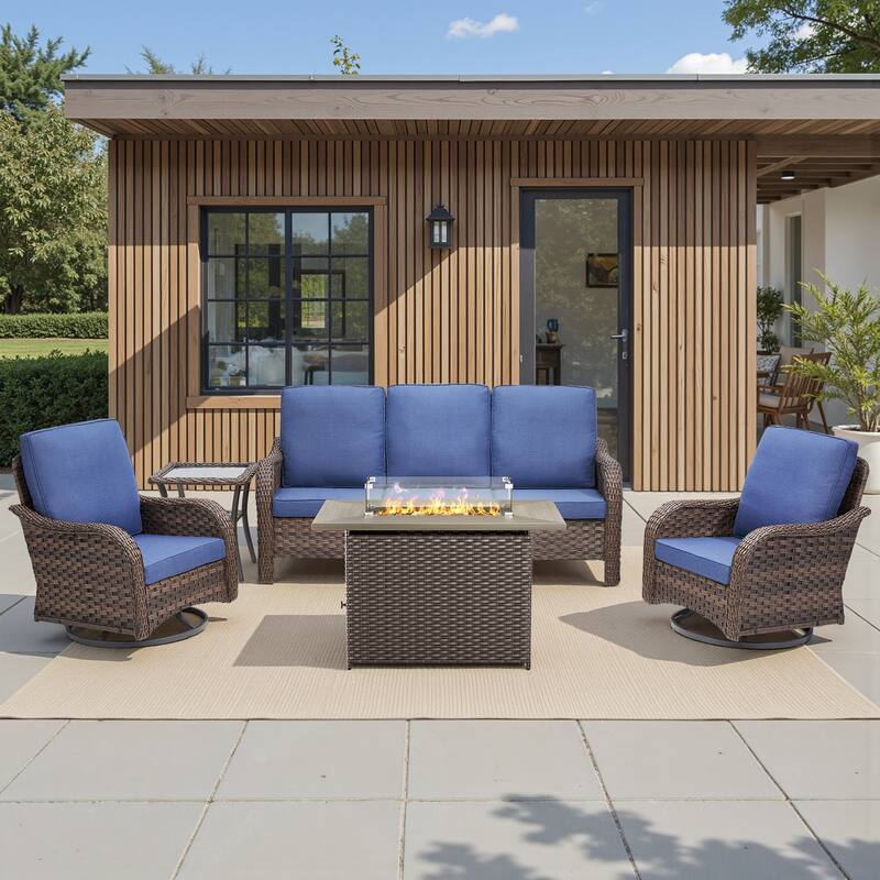 Pocassy Patio Funiture Sofa Swivel Chairs Ottoman with Fire Table Set - Blue Cushion - Brown Wicker - 5-Piece Sofa Swivel Chair with Fire Table