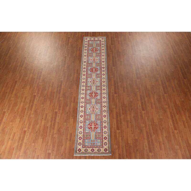 Light Blue Kazak Runner Rug Hand-Knotted Oriental Wool Carpet - 2'7" x 13'0"
