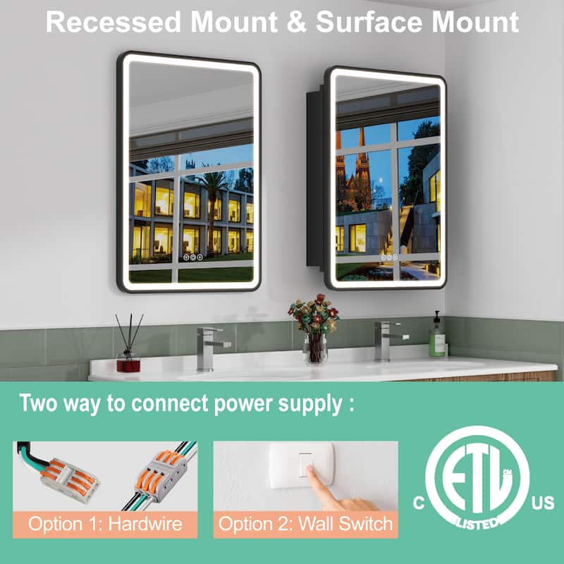Milo LED Iron Medicine Cabinet with Mirror, Dimmable, Anti-fog, Adjustable Glass Shelves, Recessed or Surface Mount