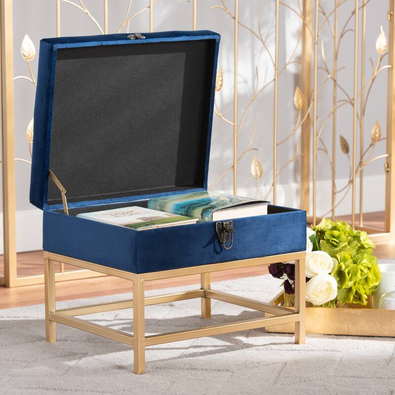 Aliana Glam and Luxe Velvet and Gold Metal Small Storage Ottoman