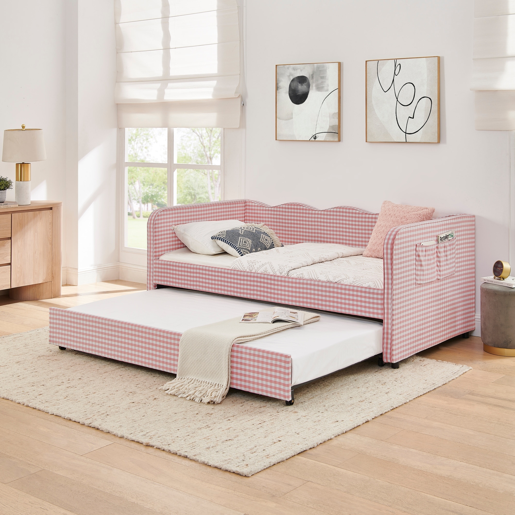Twin‑Size Daybed, Gingham Upholstered 3‑in‑1 Versatile Convertible Sofa Bed with Pull‑Out Trundle & Side Storage Pockets