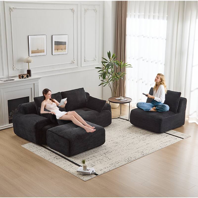 L Shaped Modular Sectional Sofa with Ottoman, Corduroy Upholstered Cloud Sofa, Compressed Sofa with Cushions & Throw Pillows