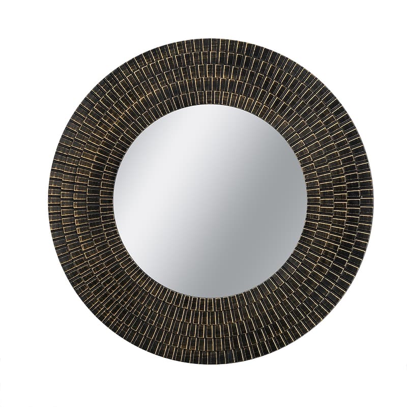 D29.5" Round Black And Gold Wooden Accent Mirror With Woven Texture