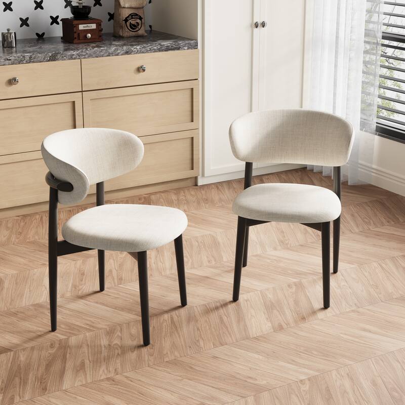 Mid-Century Ash Dining Chair, Solid Wood Legs, Kitchen Chairs with Beige Cotton & Linen Fabric, Set of 2 - Set of 1 - Black