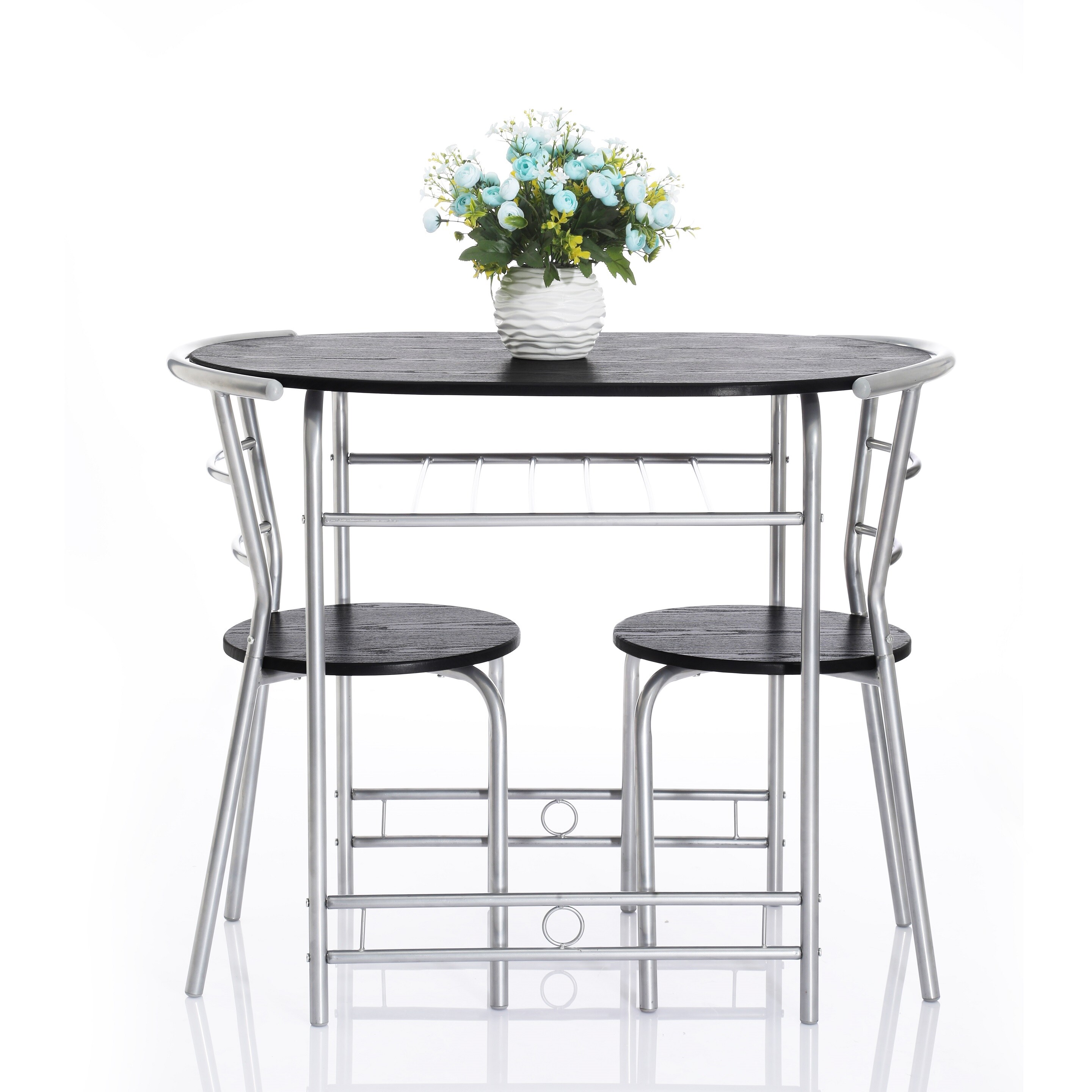 Shop Vecelo 3 Piece Kitchen Dining Table Set For 2 With Stack Chairs Wood Top Metal Finish Black Silver Overstock 12599123