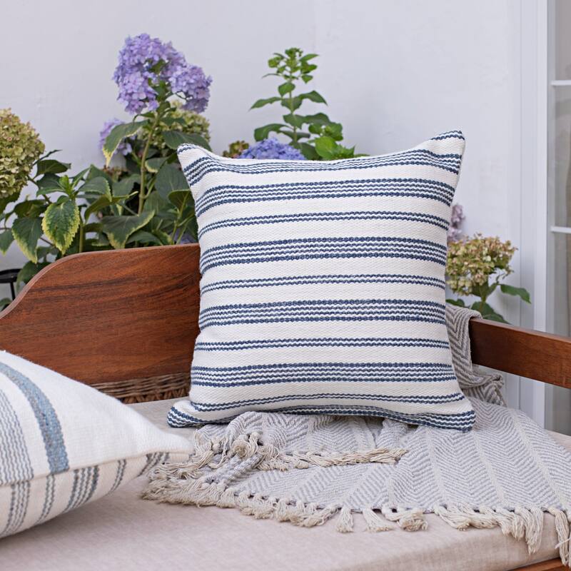Handwoven Reversible Striped Outdoor Throw Pillow Cover - 20" - Cream and Blue