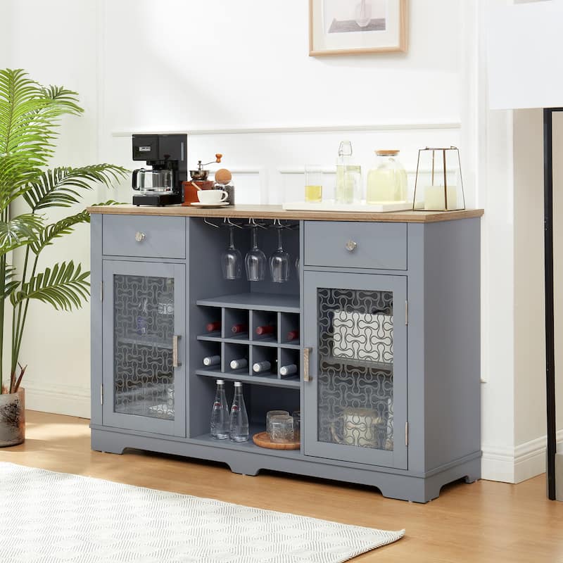 Elegant Wine Rack Storage Cabinet, Light Blue Sideboard Cabinet with Glass Doors, Bar Cabinet with Wine Bottle Racks