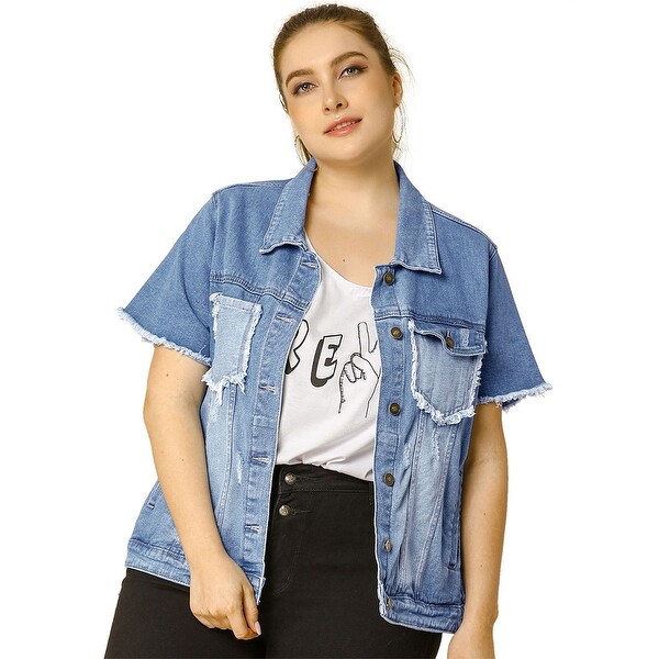 plus size long distressed denim jacket