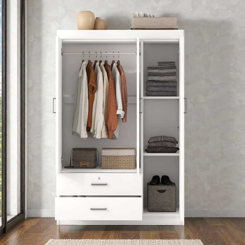 3 Door Wardrobe Closet with 2 Drawers, Modern White Freestanding Armoire Storage Cabinet for Bedroom