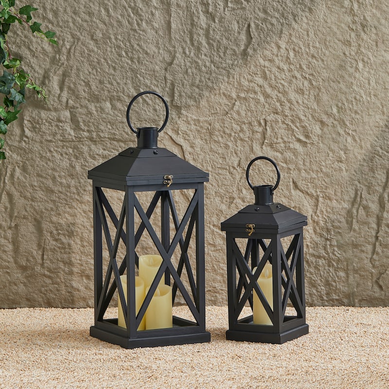 Glitzhome Set of 2 Farmhouse Wooden Lantern Hanging Candle Holders Fall Wedding Decor - 24"+17"