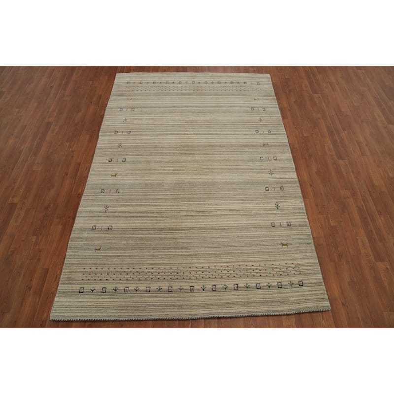 Hand Knotted Oriental 100% Wool Carpet Tribal Animal Pictorial Beige & Ivories Gabbeh Area Rug - 9' 0'' X 5' 11''