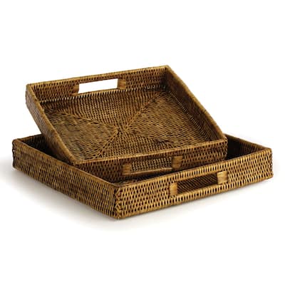 Burma Rattan Square Table Trays, Set Of 2 - 13.75 x 13.75 x 2.5;12.25 x 12.25 x 2.5